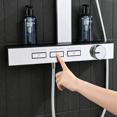 Exposed Shower Faucet System Piano Key Diverter Control Chrome with a finger operating the diverter in a modern bathroom setting.