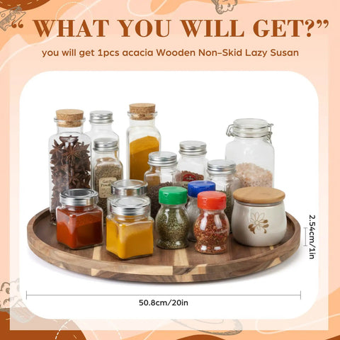 Rock Solid 20 Inch Wood Lazy Susan For Kitchen Counter Slick Acacia Turntable Serving Tray With Non Slip Base For spices and condiments jars