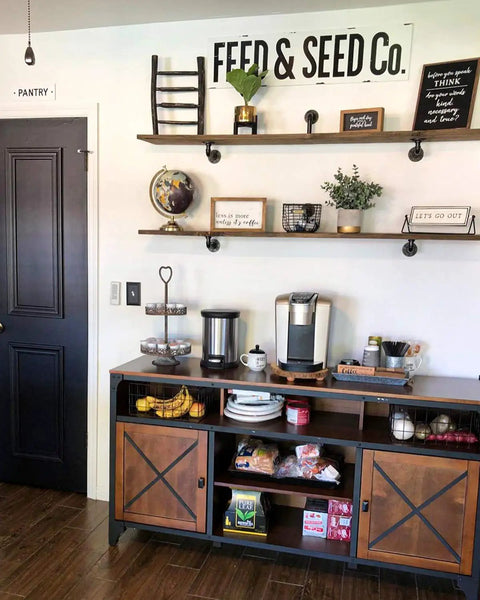 Kitchen display using Pipe Shelf Brackets For DIY Floating Shelves 8 To 14 Inch Industrial Iron Pipe Brackets Heavy Duty Metal Shelving Black 6 Pack Perfect For Books Plants Kitchenware And More with decor and appliances.