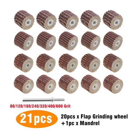 21 Piece Flap Sanding Wheel Kit with 3mm Shank and mandrel, multiple grit levels for rotary tools