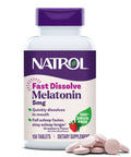 Bottle of Melatonin 5 Mg Fast Dissolve Sleep Tablets Strawberry Flavor 150 Count with tablets scattered at base.