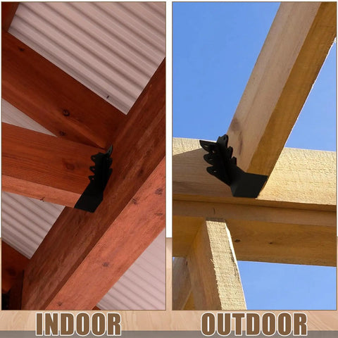 Indoor and outdoor view of Twenty Piece 2x4 Joist Hanger Set With Black Powder Coated Finish And 18 Gauge Galvanized Steel.