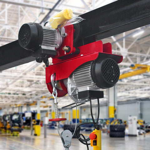 Beefy Electric Trolley For Power Hoist, 1 Ton Capacity, 2204 Lbs Load, installed on I-Beam with red frame, workshop setting
