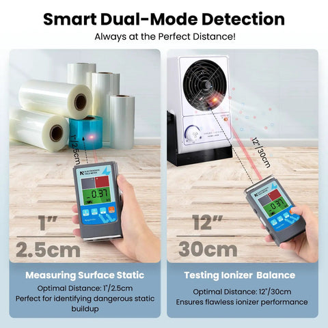 Genuine Static Meter And Electrostatic Fieldmeter For Quick ESD Touch Ups measuring static at 1 inch and ion balance at 12 inches.