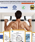 Super Heavy Duty Doorway Pull Up Bar Beast Featuring Thickened Steel Frame And Comfortable High Fiber Foam Handles For Chin Ups And Intense Home Gym Grinds Holding 440 Pounds Securely installed in doorway with certification documents.