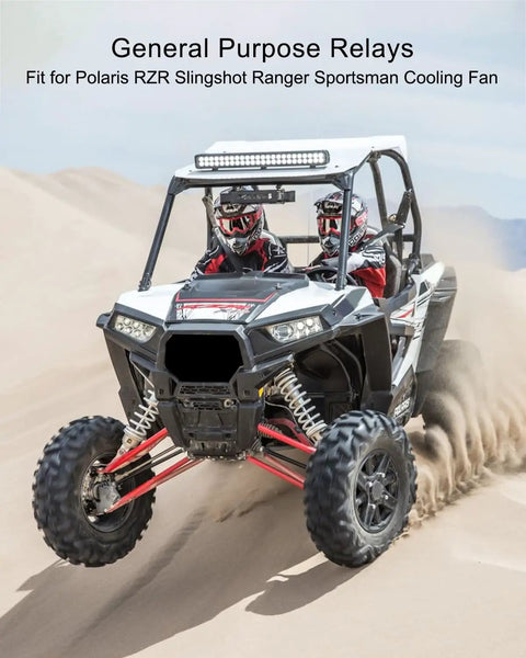 Polaris RZR driving in desert, featuring Cooling Fan Relay For Polaris RZR Slingshot Ranger Sportsman 12VDC Replacement 303 1AH C R1 U01