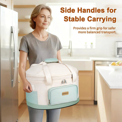 Heavy Duty Six To Eight Quart Slow Cooker Carry Bag With Double Layer Shell Zero Fuss Travel For Family Dinners And Big Time Potlucks Keeps Meals Hot On The Go Making Tailgate Feeds A Huge Win For Any Grub Boss, being held by a woman with side handles.