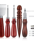 Pro Grade Five Piece Leather Knife Set With Groover Tool And Two Edge Bevelers Burnisher And Cutting Knife In Sandalwood Handle