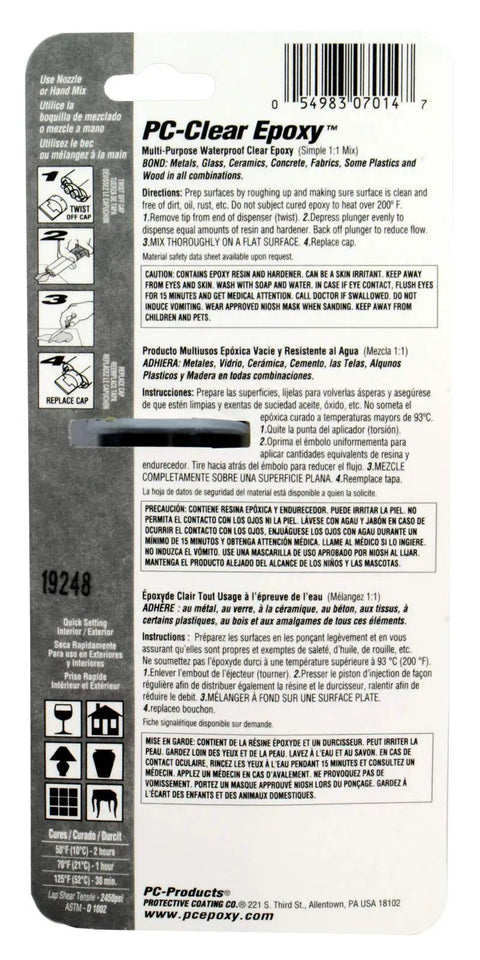 Back packaging of PC-Clear Epoxy Adhesive Liquid 1oz Double Syringe, usage instructions visible.