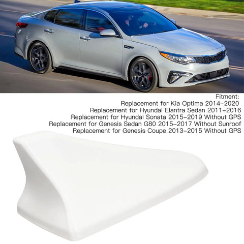 Slick Fin Antenna Cover For Optima 2014-2020, Sonata 2015-2019 And G80 2015-2017 Without Sunroof White shown with fitment details