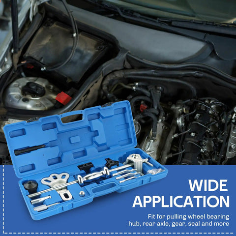 19 Piece Slide Hammer Puller Set With 9 Way Internal And External Pullers For Wheel Hub Dent Removal And Hub Gear Puller Remover Kit In Portable Case Included next to open car engine