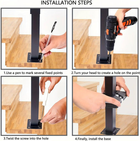 Installation steps for Floor Mounted U Shaped Stair Handrail Matte Black Heavy Duty Iron Railing showing marked points and drilling.