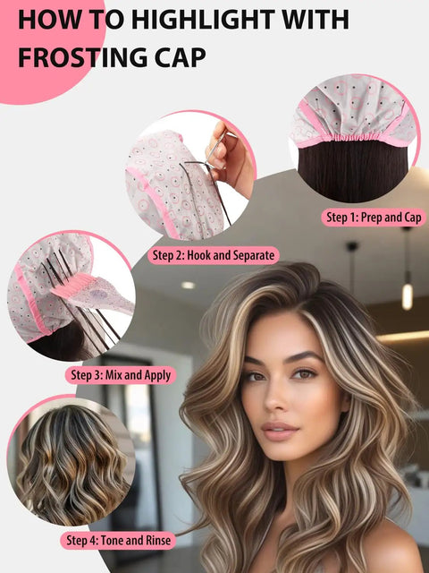 DIY At Home Hair Highlight Kit With Bleach Cap Set 19 Tools For Pro Style Highlights showing steps with frosting cap application