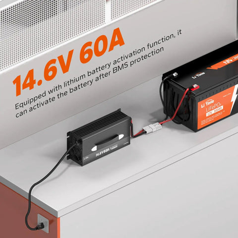 Straight Up Fast 12V LiFePO4 Lithium Battery Charger Featuring 60A High Amp Output And 14.6V Smart AC DC Quick Charge connecting to a battery.