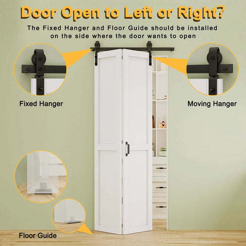 40 By 84 Inch Paintable White Primed Bi Fold Barn Door With Track Kit For Interior Doors Water Resistant Bifold Sliding Door For Closet Pantry Laundry Room Easy Install Space Saver H Shape Panels installed with open door view showing fixed and moving hangers and floor guide