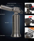 Big Flame Butane Torch Refillable Blow Torch For Cooking BBQ Welding Soldering With Adjustable Wind Resistant Flame Durable Metal Body Easy Ignition Gas Not Included shown with nozzle and ignition details