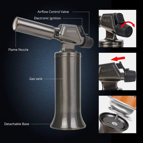 Big Flame Butane Torch Refillable Blow Torch For Cooking BBQ Welding Soldering With Adjustable Wind Resistant Flame Durable Metal Body Easy Ignition Gas Not Included shown with nozzle and ignition details