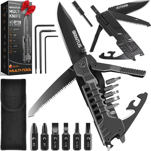 All In One Camping Multitool With Fire Starter, Bottle Opener, Saw, Screwdrivers, and Whistle displayed with case and bits