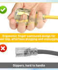 Ergonomic grip of 25 Foot Heavy Duty Outdoor Extension Cord With Waterproof Weatherproof Build LED Lighted Outlet And Locking Receptacle 125V 15A 1875W 3 Prong SJTW Electrical Power Cord ETL Listed Yellow