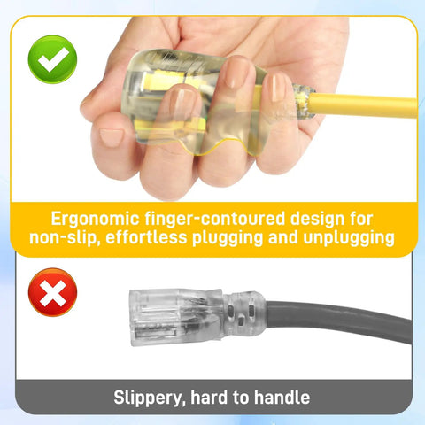 Ergonomic grip of 25 Foot Heavy Duty Outdoor Extension Cord With Waterproof Weatherproof Build LED Lighted Outlet And Locking Receptacle 125V 15A 1875W 3 Prong SJTW Electrical Power Cord ETL Listed Yellow
