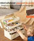 Child near a Three Layer Plastic Tackle Box Organizer With Locking Dividers, showcasing its open compartments filled with small items.