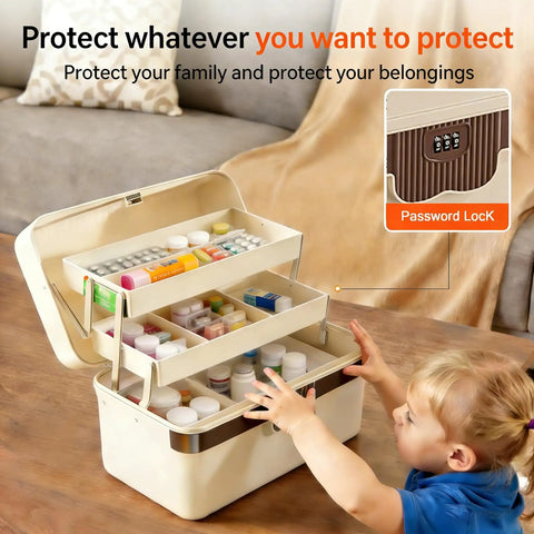 Child near a Three Layer Plastic Tackle Box Organizer With Locking Dividers, showcasing its open compartments filled with small items.