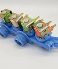 Quad Water Valve Replacement For GE Washer WH13X26637 with blue plastic base and metal connectors, top angle view