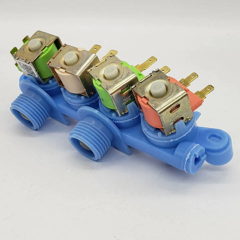Quad Water Valve Replacement For GE Washer WH13X26637 with blue plastic base and metal connectors, top angle view