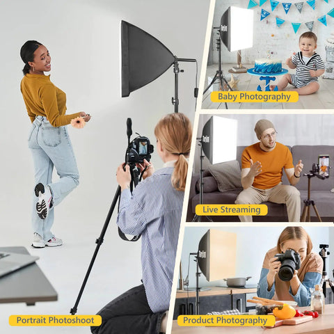 Photographers using Softbox Lighting Kit 16x16 With 85W LED Bulbs 3000K To 7500K Adjustable Color Temp for various photography settings