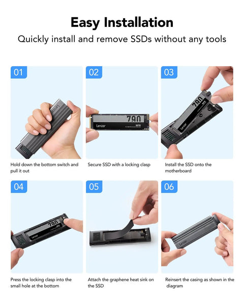 Hands assembling Snappy M.2 NVMe SSD Enclosure With USB 3.2 Gen 2 10Gbps Tool Free Portable External Reader.