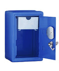 Open Metal Kids Safe Bank With Key And Combination Lock in Blue showing interior compartments.