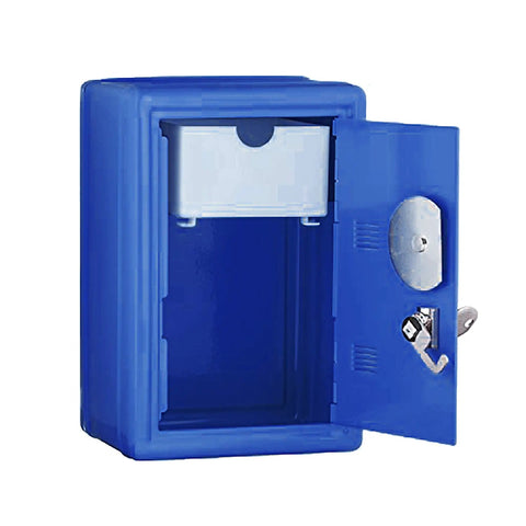 Open Metal Kids Safe Bank With Key And Combination Lock in Blue showing interior compartments.