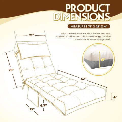 Diagram of Waterproof Outdoor Chaise Lounge Cushion With Ties, 71 By 21 By 4 Inches, Cream Color, showing dimensions and sections.