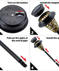 4-panel image showing steps to assemble 6 Pack Solar Pathway Lights With Upgraded Metal Garden Stakes Warm White LED Ideal For Yard Lawn Walkways Patio And Garden Long Lasting Glow From Fast Charging Solar Panel Delivers 10 To 12 Hours After A Day Of Sun, including turning on, attaching top, and inserting spike