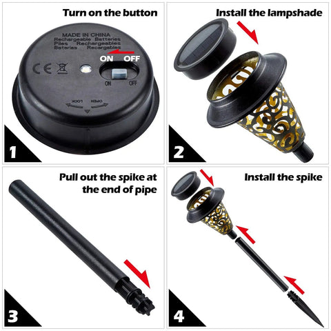 4-panel image showing steps to assemble 6 Pack Solar Pathway Lights With Upgraded Metal Garden Stakes Warm White LED Ideal For Yard Lawn Walkways Patio And Garden Long Lasting Glow From Fast Charging Solar Panel Delivers 10 To 12 Hours After A Day Of Sun, including turning on, attaching top, and inserting spike