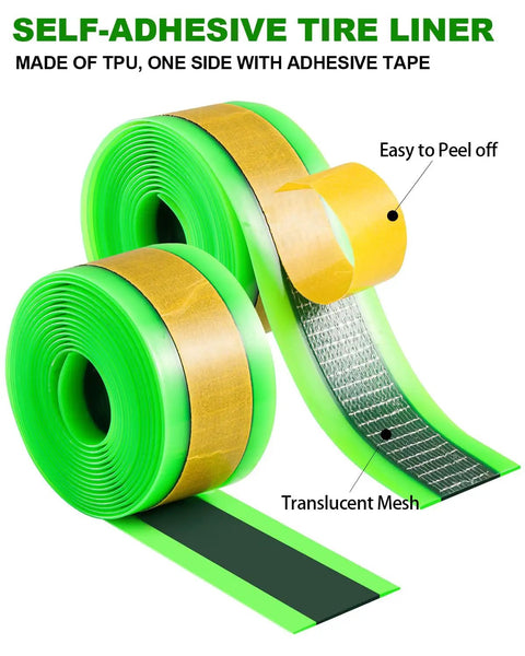 Self adhesive bike tire liners showing TPU material and translucent mesh, compatible with 20 24 26 28 29 inch tires.