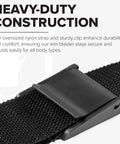 Close-up of black nylon strap and clip on Black Heavy Duty Aluminum Arm Blaster For Bicep Curls And Arm Isolation Improve Strict Curl Form Grow Bigger Arms Durable Gym Accessory Built To Last Through Heavy Lifts