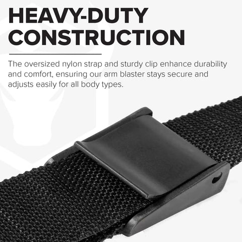Close-up of black nylon strap and clip on Black Heavy Duty Aluminum Arm Blaster For Bicep Curls And Arm Isolation Improve Strict Curl Form Grow Bigger Arms Durable Gym Accessory Built To Last Through Heavy Lifts