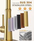 Kitchen Faucets with Pull Down Sprayer,WOWOW Gold High Arc Single Handle Classic Stainless Steel Sink Faucet 1 or 3 Hole, Pull Out Kitchen Faucet with Deck Plate & 3 Functions showcasing food-grade SUS 304 stainless steel samples.