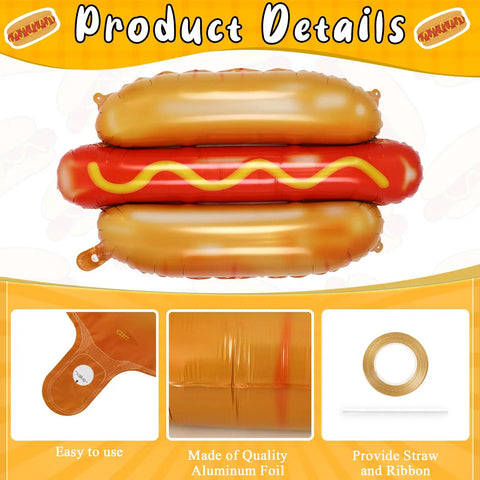 Giant Hot Dog Foil Balloons Set Of 6 That Inflate To 28 Inches Perfect For Picnic BBQs And Birthday Parties Food Theme Decor Durable Party Balloons With Gold Ribbon And Straw Included Fun Food Themed Party Supplies