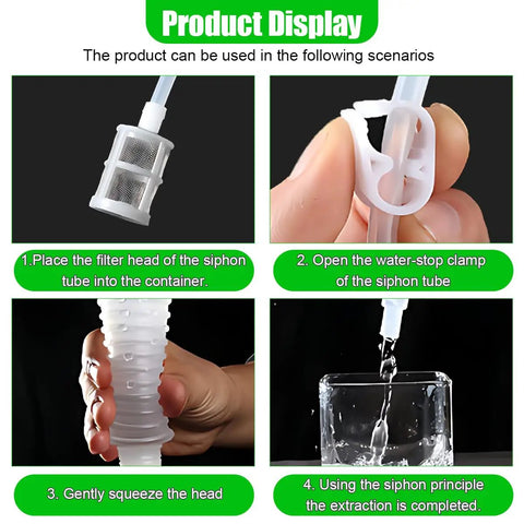 Silicone Siphon Pump And Flexible Transfer Hose Makes Quick Work Of Fluid Extraction Includes Built In Filter Clip showing steps for use.