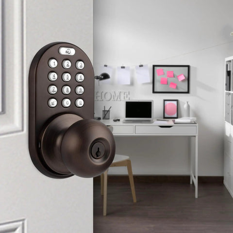 Keyless Entry Digital Door Knob Lock With Keypad For Front Doors, Oil Rubbed Bronze, installed on office door