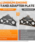 Billet Aluminum Engine Safe Stand Adapter Plate For Chevy Small Block Big Block And GM LS LT V8 Engines Beefy Built Heavy Duty Durable Fitment For LS1 LS2 LS3 LS6 LS7 LS9 L76 L92 L96 LQ4 LQ9 And More. black billet aluminum engine stand adapter plate with mounting bolts