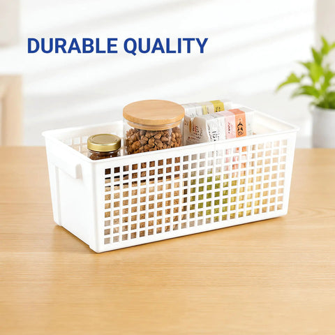 Top Shelf White Plastic Storage Baskets Real Deal Solution For Counters And Under Cabinet Organization With Ventilated Side Walls Comfortable Grip Handles And Effortless Nesting Layout with jars and snacks inside