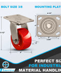 Built Tough 4 By 2 Inch Stainless Steel Swivel Casters Featuring Durable Polyurethane Wheels. Swivel caster with red wheel and mounting plate.