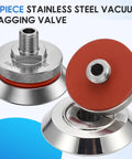 Two-piece stainless steel vacuum bagging valve with red disk and threaded quick-disconnect fitting (front/side views)