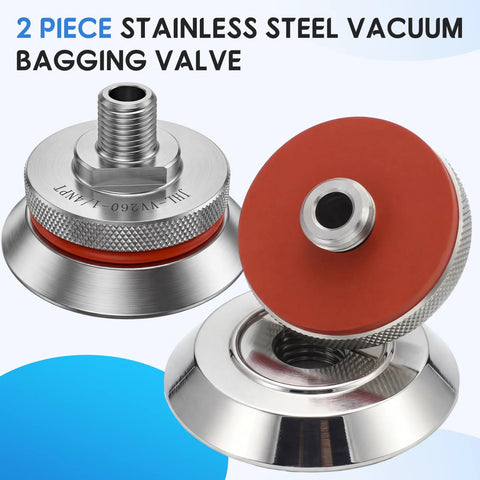 Two-piece stainless steel vacuum bagging valve with red disk and threaded quick-disconnect fitting (front/side views)