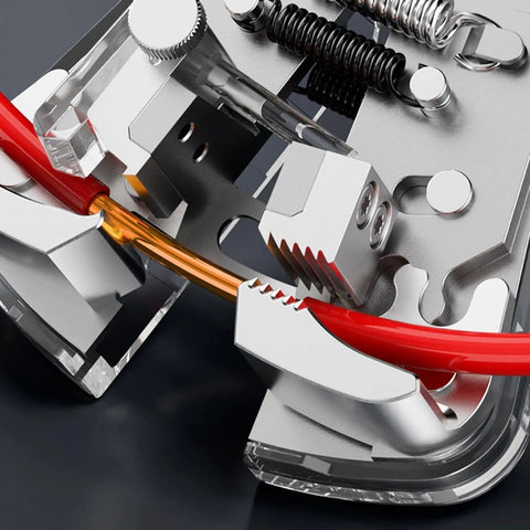 Heavy Duty Multifunctional Wire Stripper Tool For Electricians, showing crimping red and orange cables with precision grip.