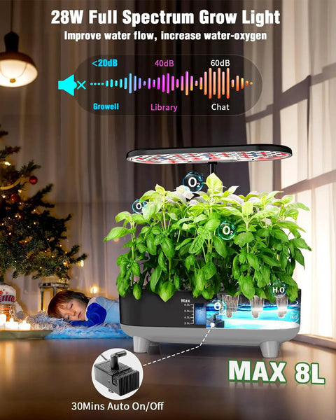 Hydroponics Growing System Kit With 16 Pods Indoor Garden, featuring 28W LED grow light, auto timer, 8L black tank