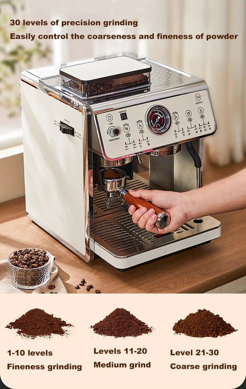 Built To Last Stainless Steel Espresso Machine With Integrated Burr Grinder, showcasing 30 levels of precision grinding for coffee.